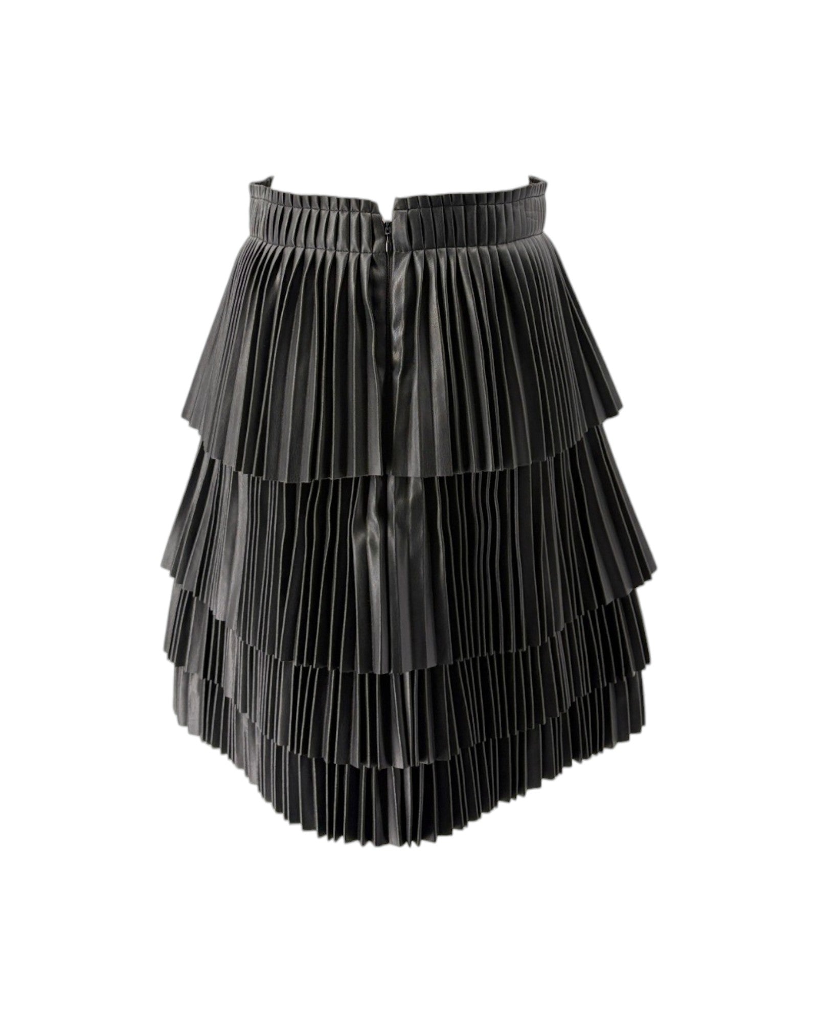 A black pleated mini skirt with a tiered, layered design and a wide elastic waistband, shown against a plain white background.