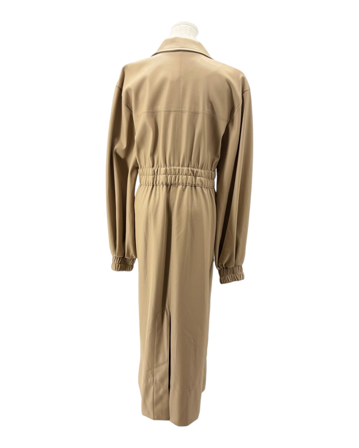 Beige trench coat on a mannequin against a white background