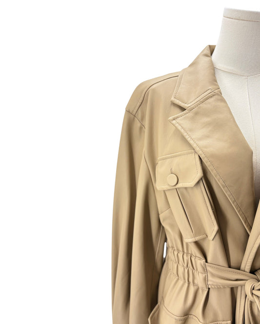 Beige trench coat on a mannequin against a white background