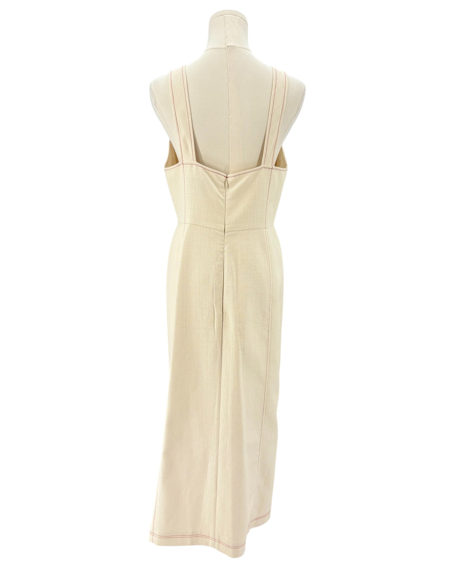 Alexis cream maxi dress with red pleating and stitching 