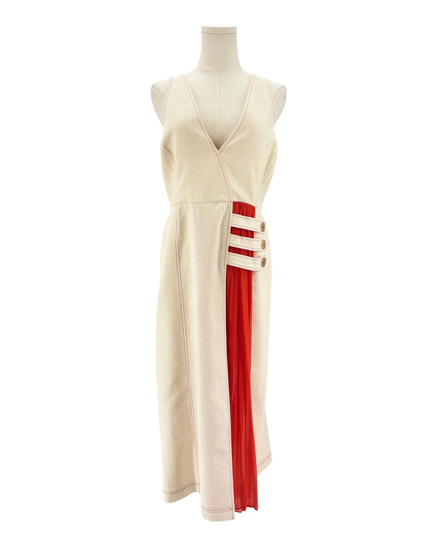 Alexis cream maxi dress with red pleating and stitching 