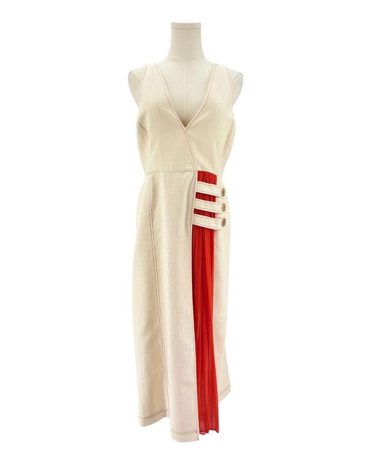 Alexis cream maxi dress with red pleating and stitching 