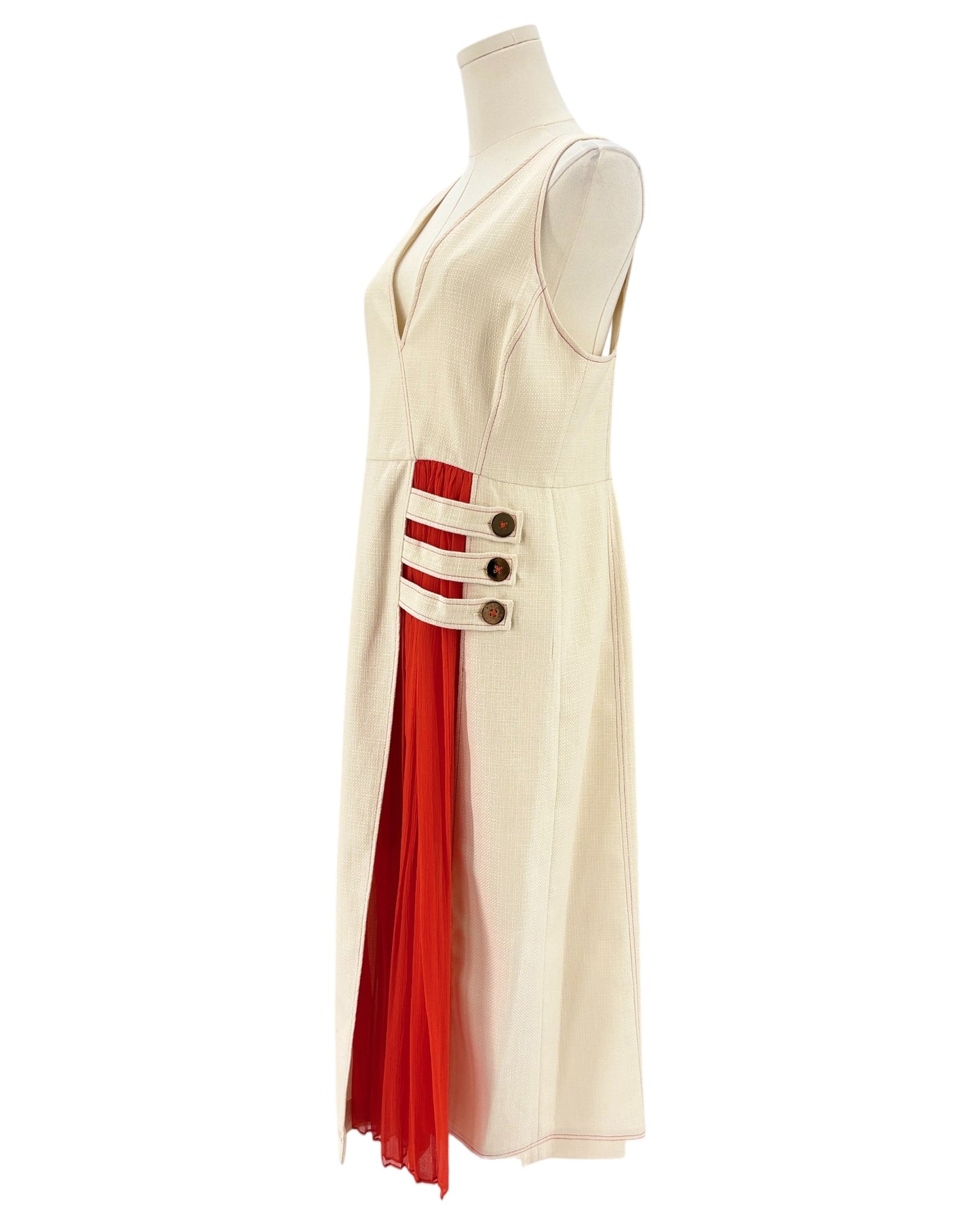 Alexis cream maxi dress with red pleating and stitching 