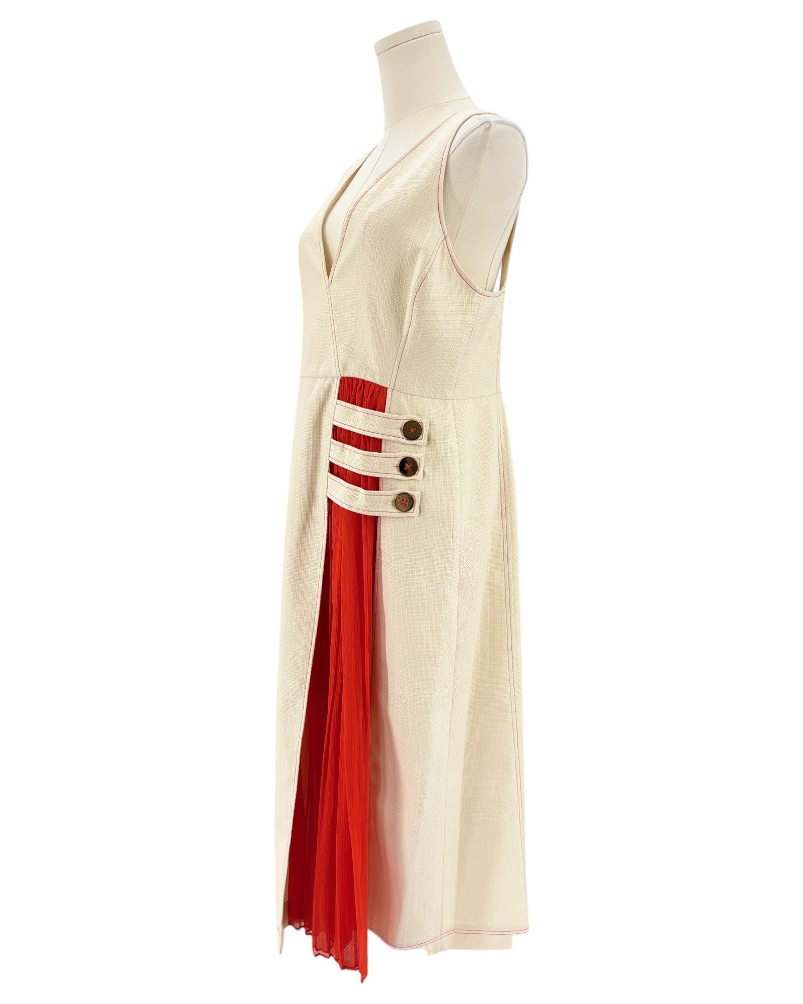 Alexis cream maxi dress with red pleating and stitching 
