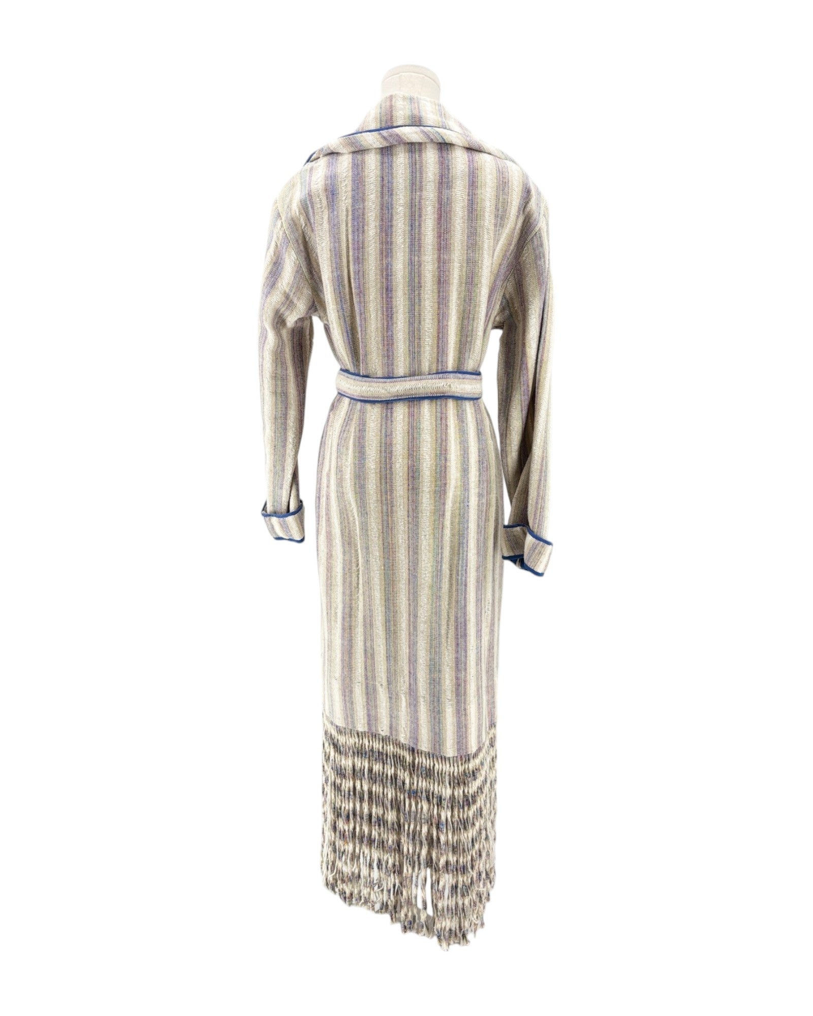 Striped coat with a belt on a mannequin against a white background