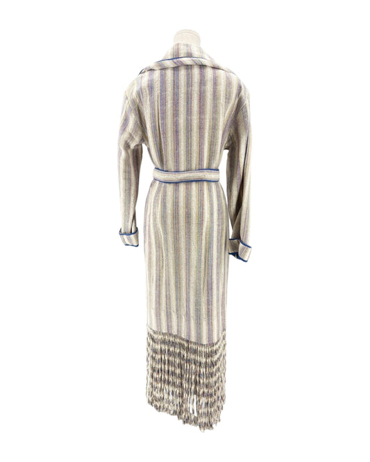 Striped coat with a belt on a mannequin against a white background
