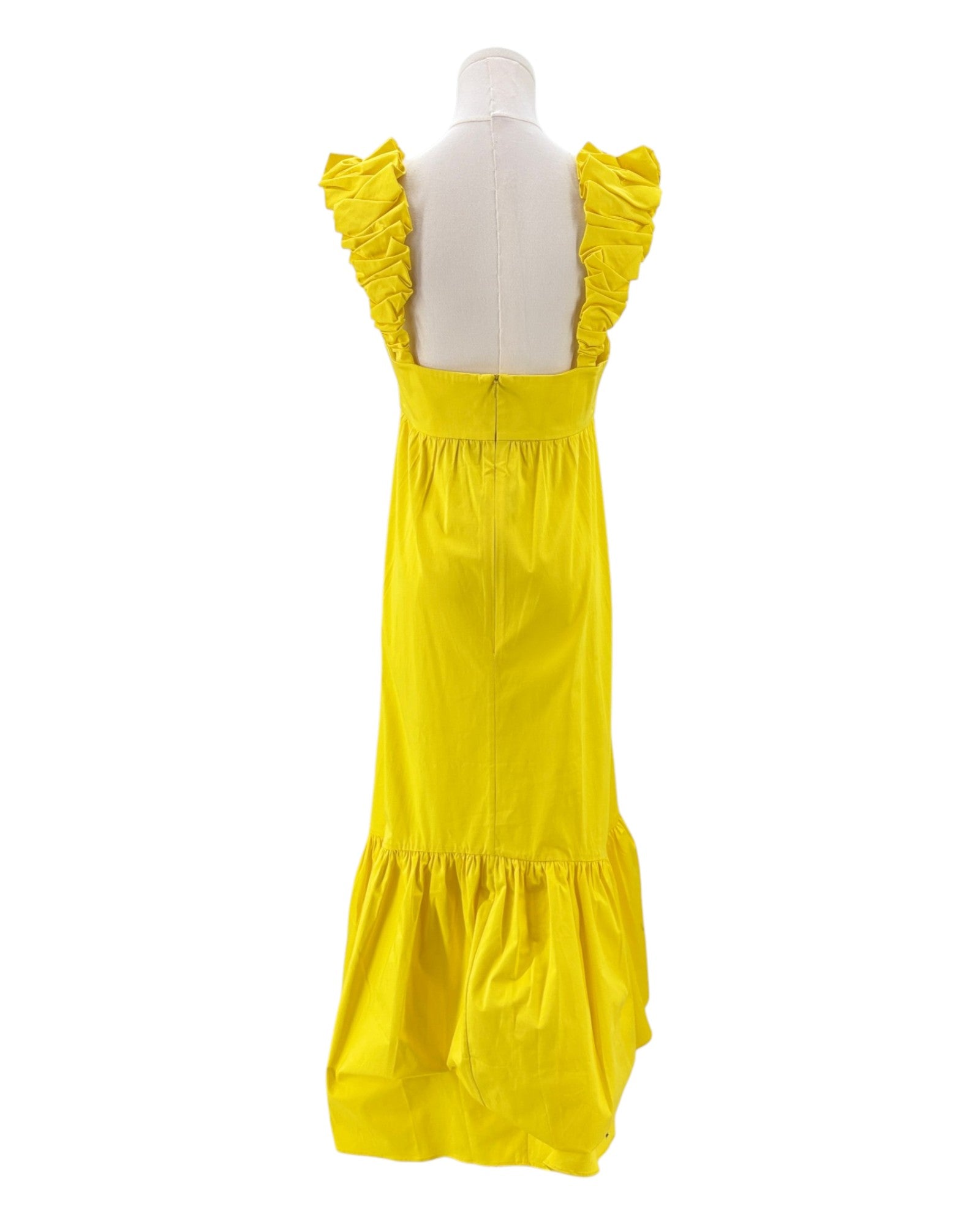 Alexis yellow dress with ruffled shoulders on a mannequin against a white background