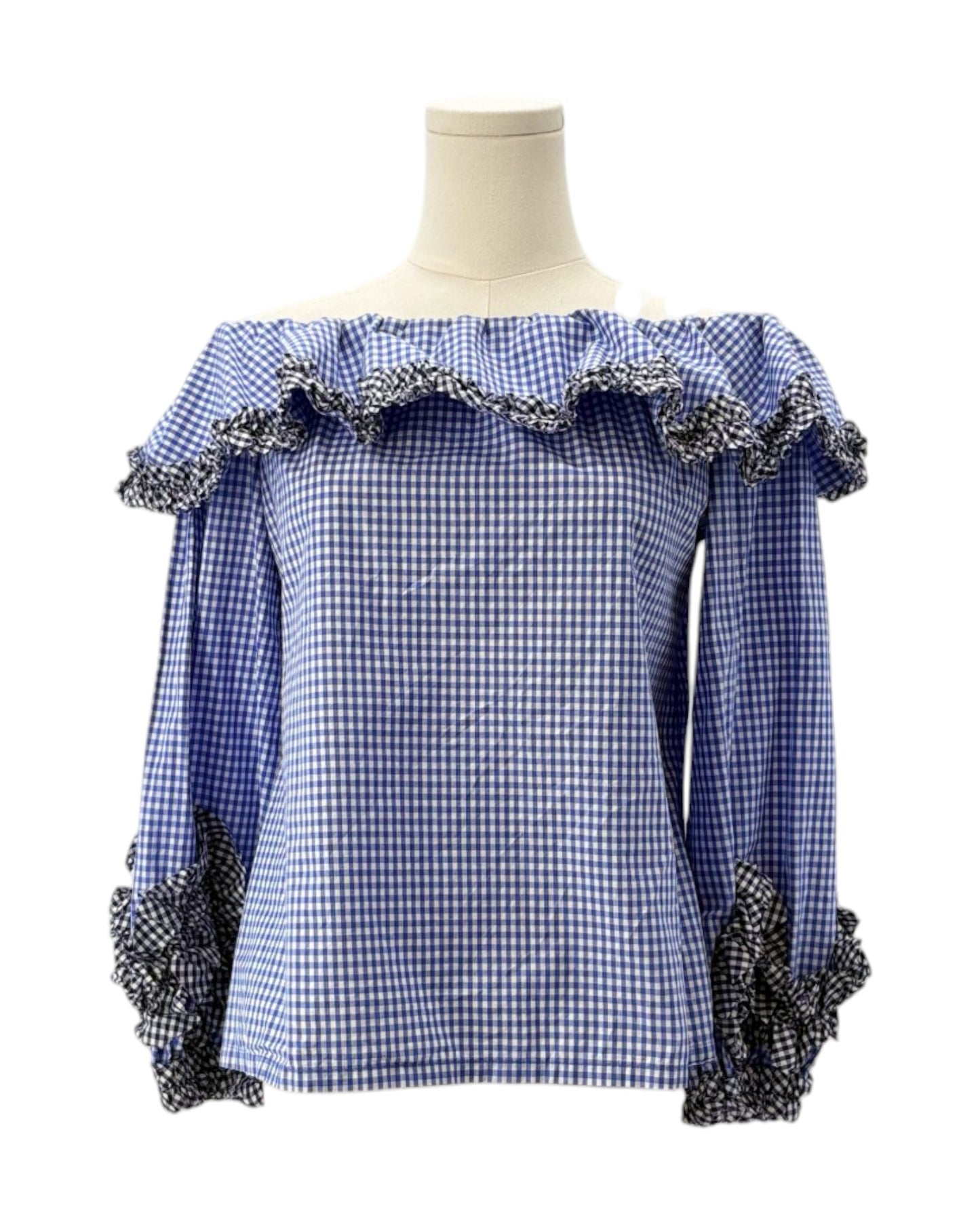 Alexis blue checkered gingham off-shoulder top with decorative sleeves on a mannequin against a white background