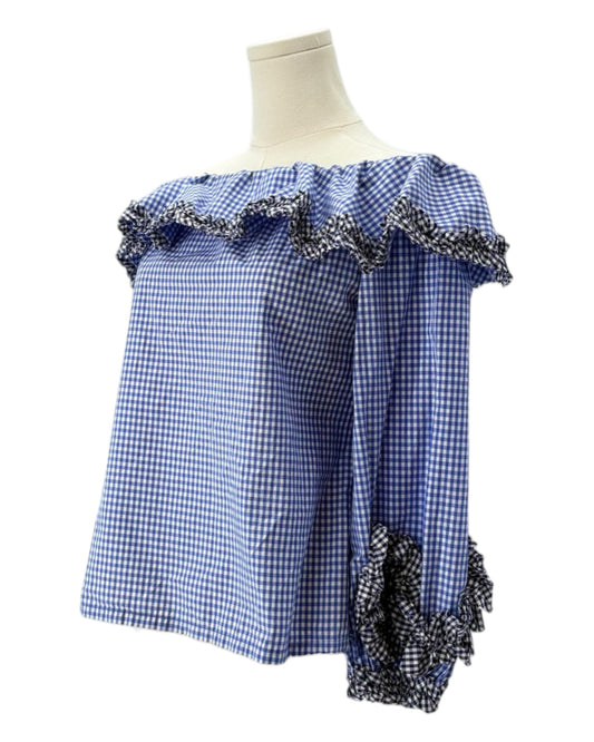 Alexis blue checkered gingham off-shoulder top with decorative sleeves on a mannequin against a white background