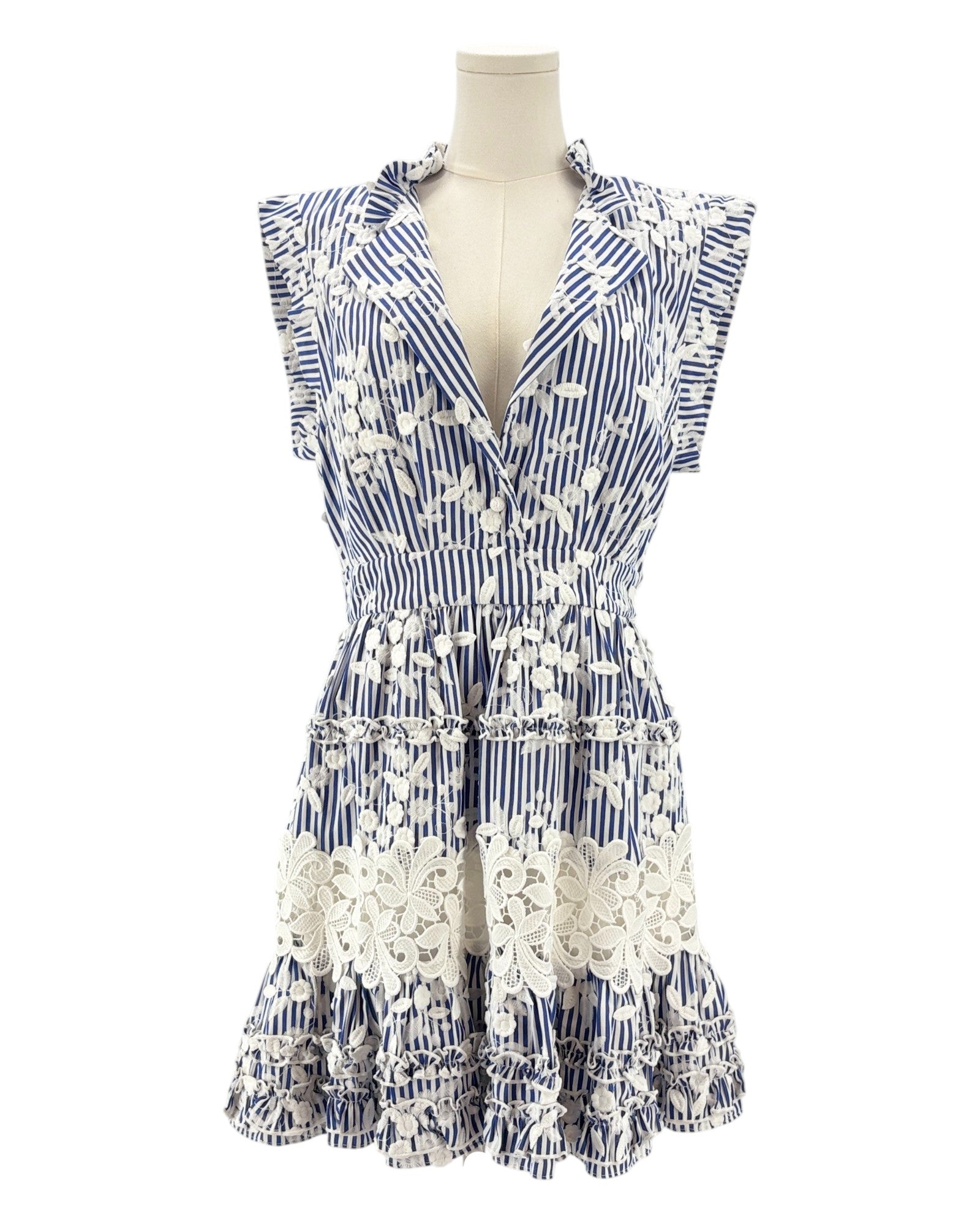 Alexis blue and white patterned embroidered mini dress 