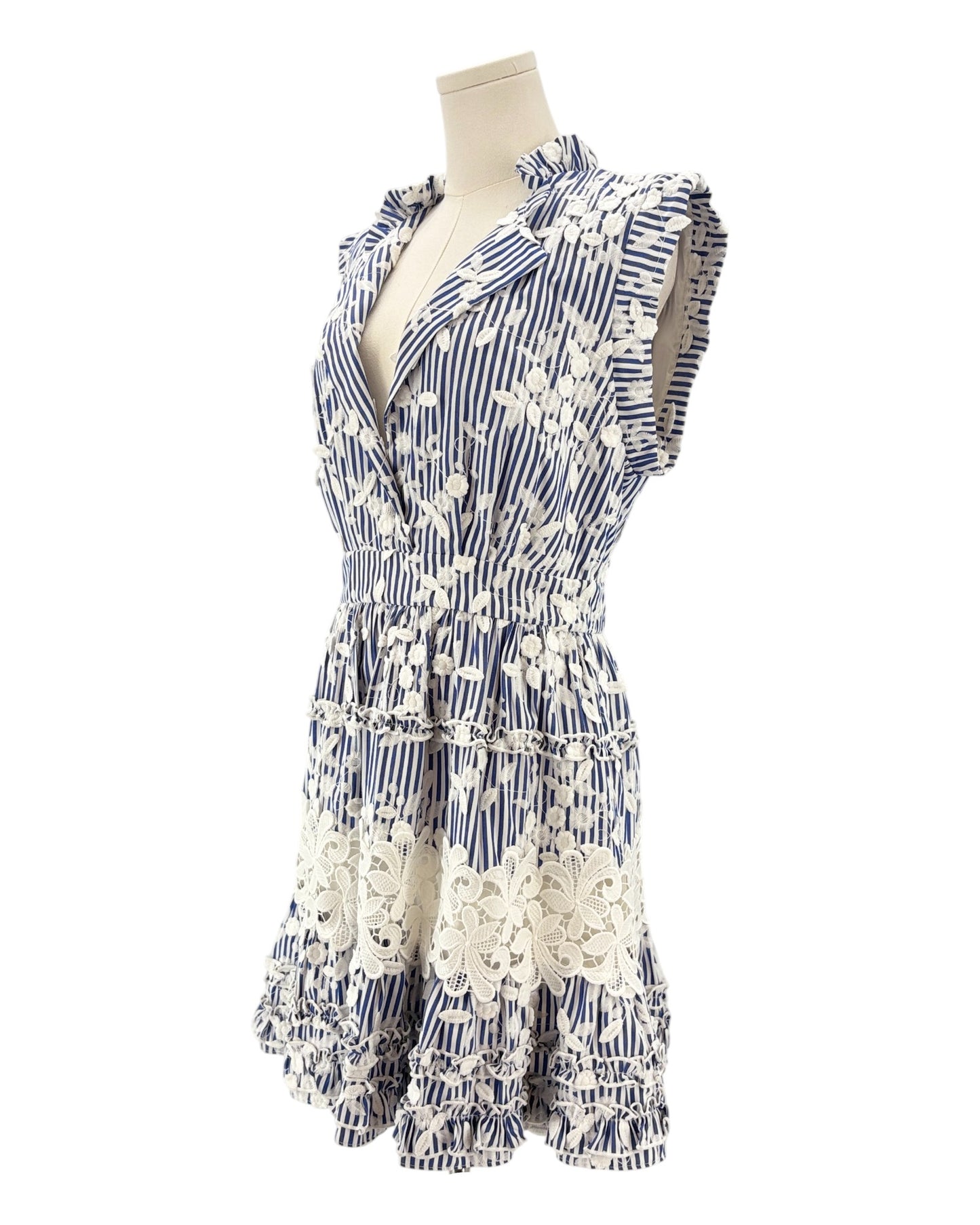 Alexis blue and white patterned embroidered mini dress 