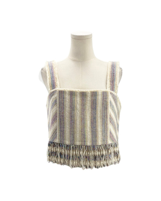 Striped sleeveless top with fringes on a mannequin against a white background