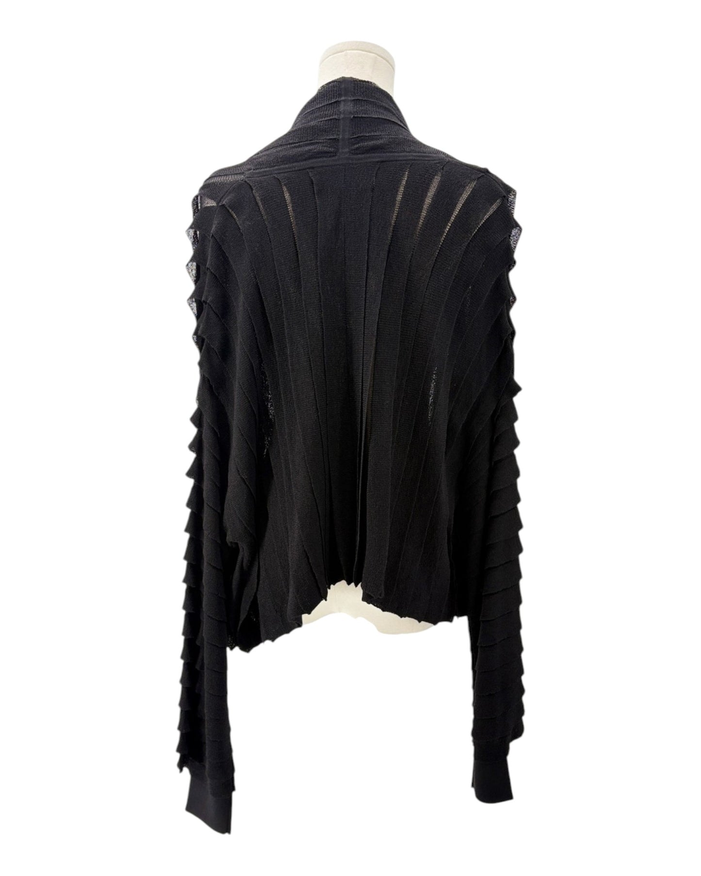 Black textured cardigan on a mannequin against a white background