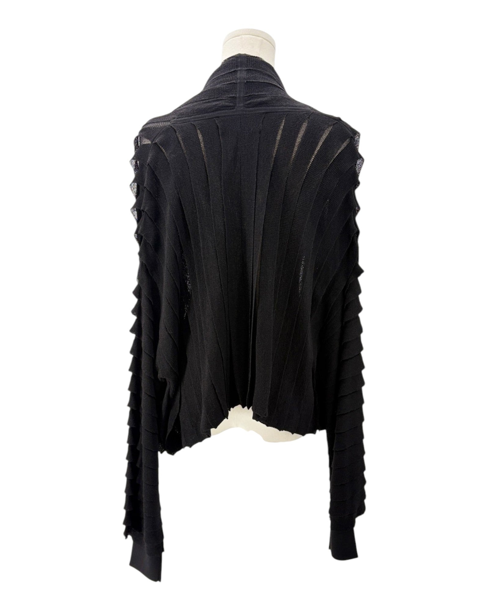 Black textured cardigan on a mannequin against a white background