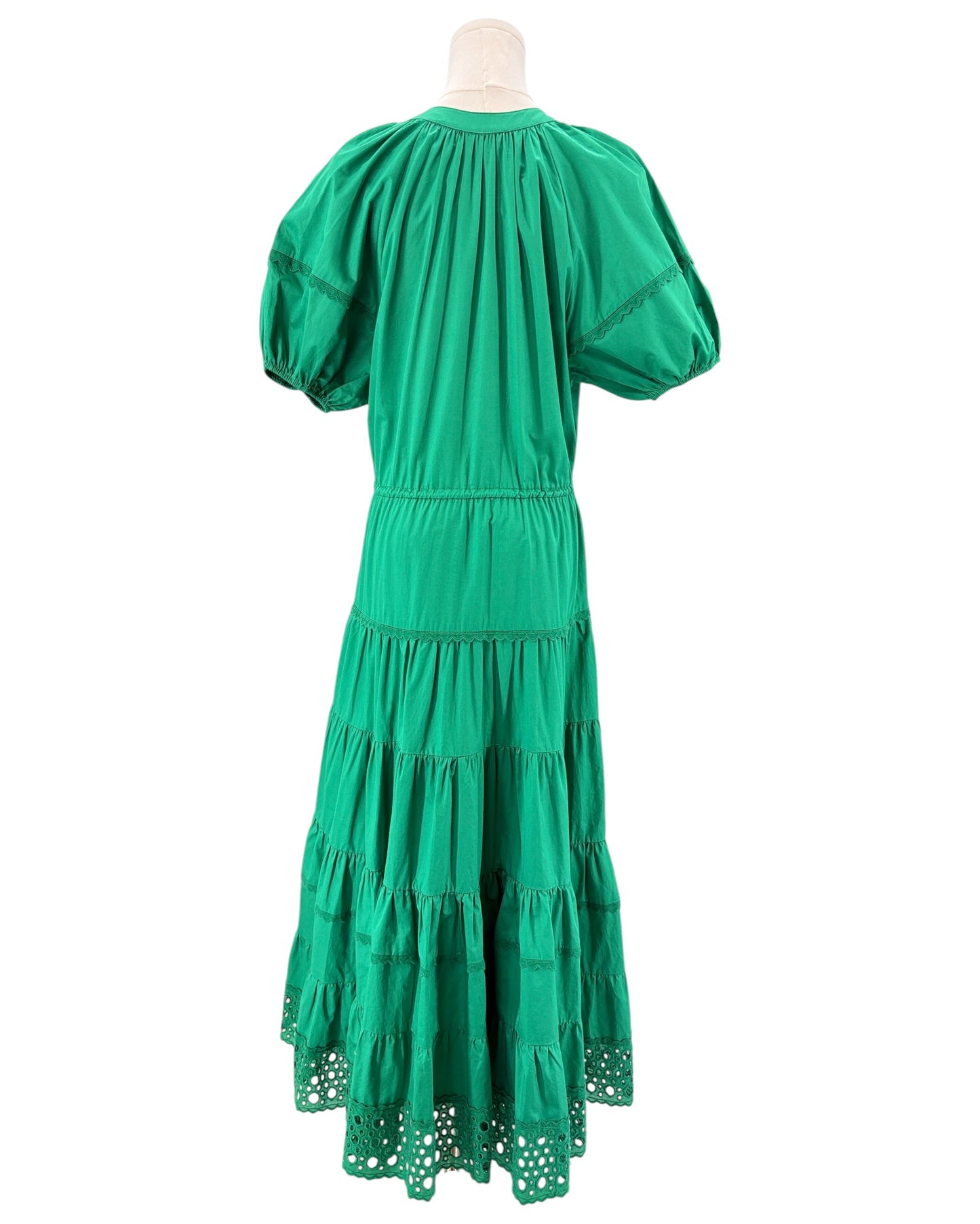 Alexis green dress with puff sleeves and tiered skirt 