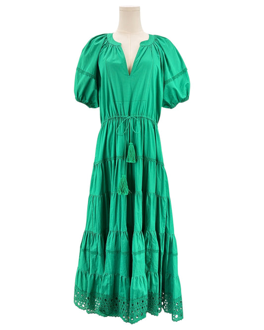 Alexis green dress with puff sleeves and tiered skirt 