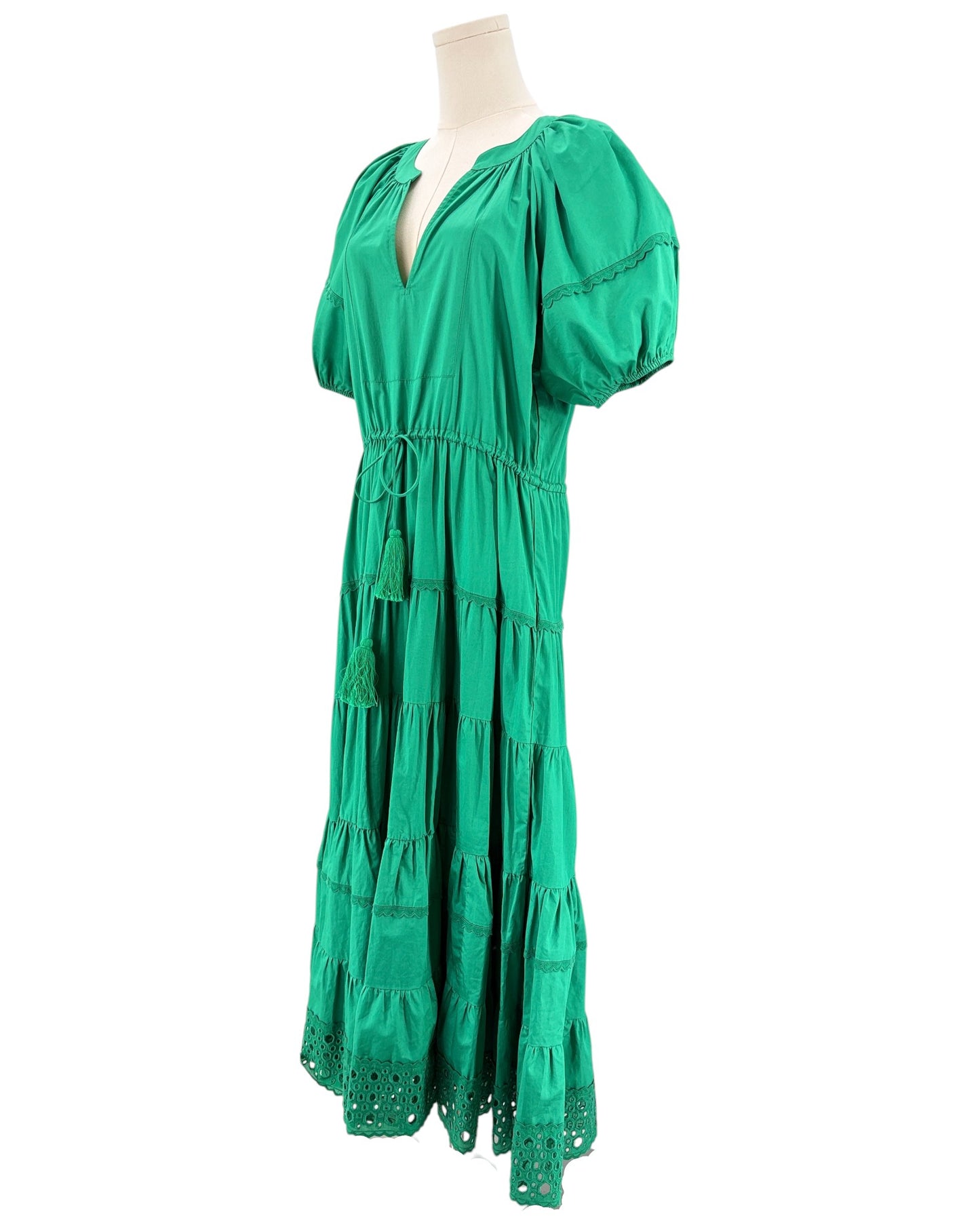 Alexis green dress with puff sleeves and tiered skirt 