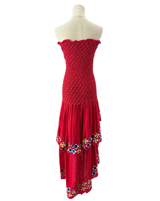 Alexis red strapless dress with floral patterns 