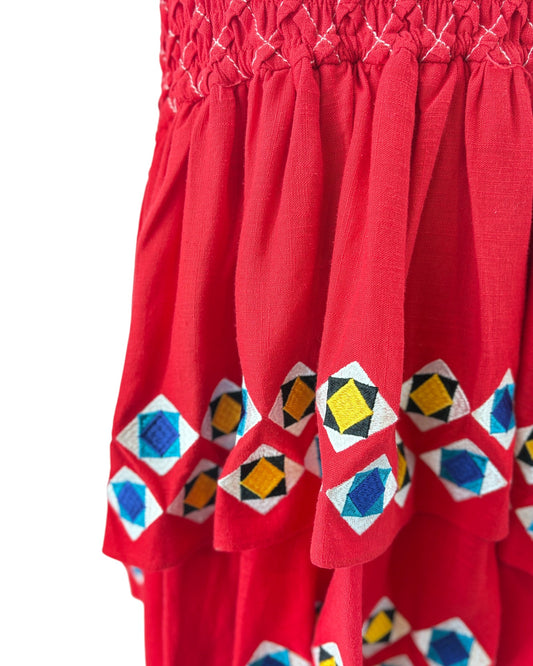 Alexis red strapless dress with floral patterns 