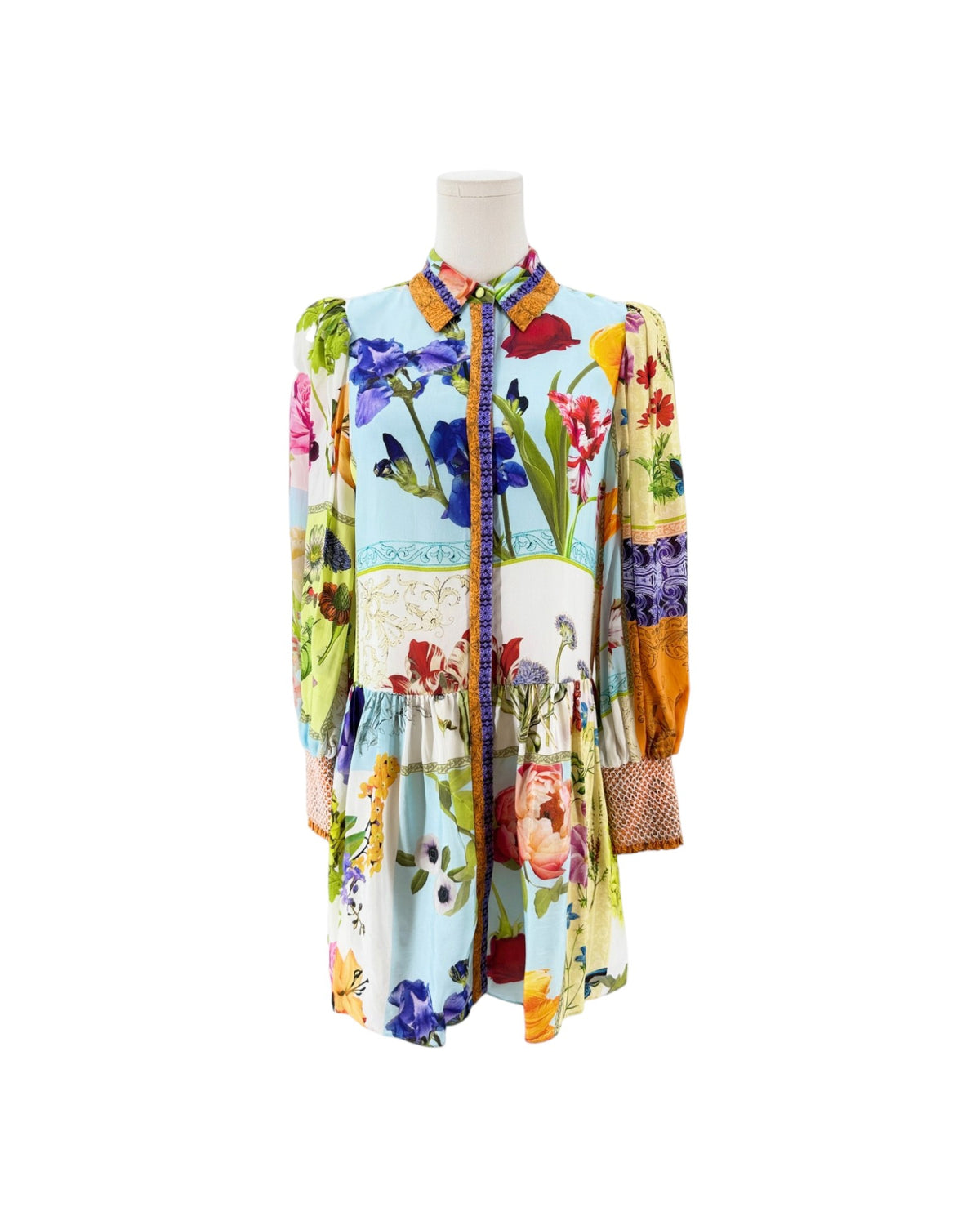 Floral long sleeve multi color mini dress  with button down the front on a white background on a mannequin