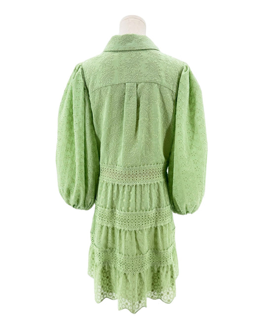 Green dress with lace details on a white background