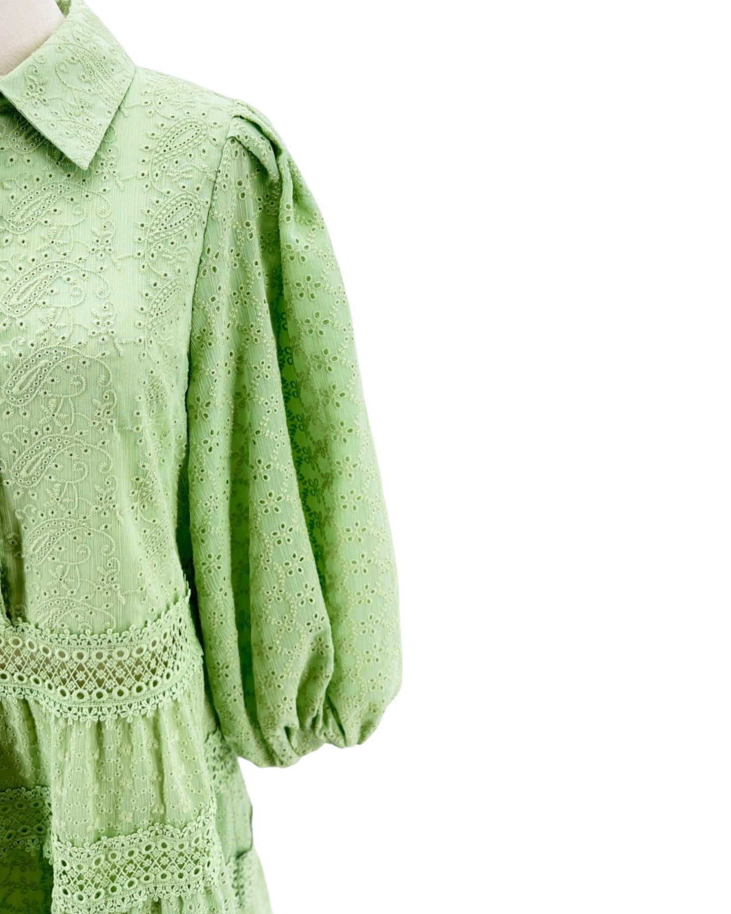 Green dress with intricate detailing on a white background
