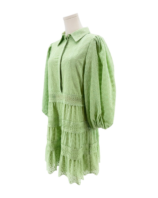 Green lace dress on a mannequin against a white background