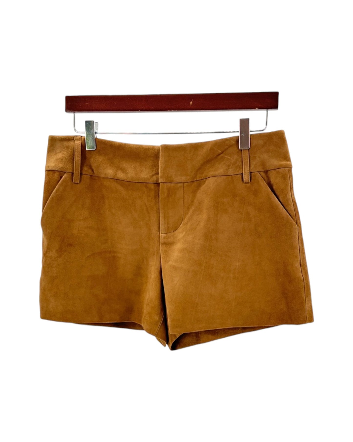 Brown suede shorts on a hanger against a white background