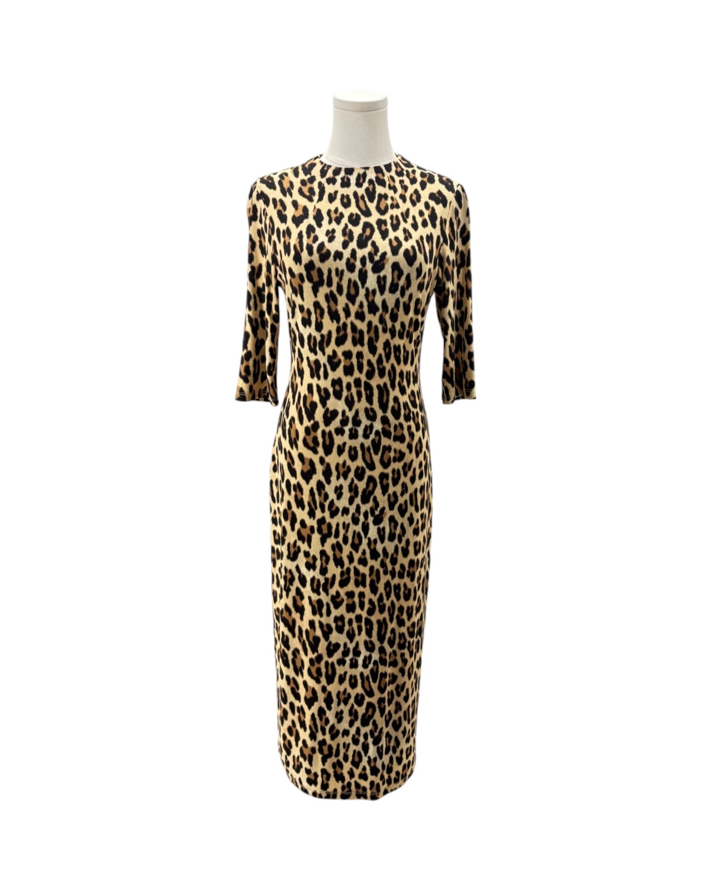 A leopard print midi dress with three-quarter sleeves, displayed on a mannequin against a plain white background.