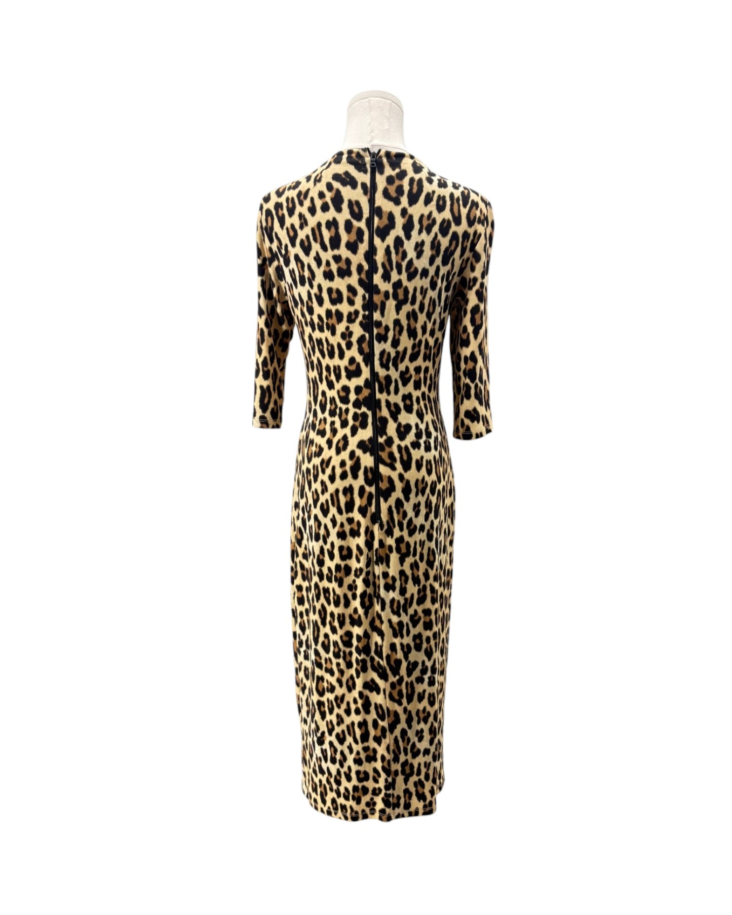 A leopard print midi dress with three-quarter sleeves, shown from the back on a mannequin against a plain white background.