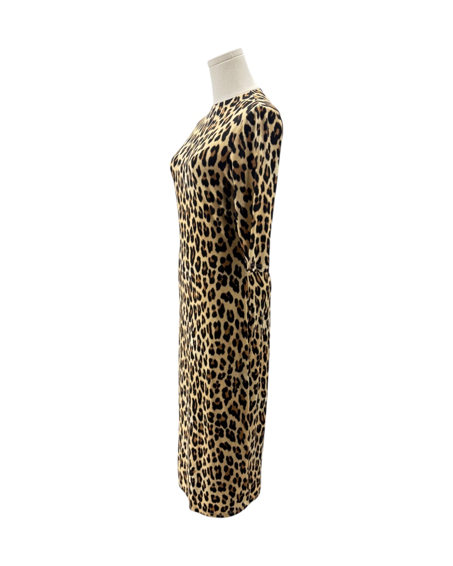 A leopard print dress displayed on a mannequin torso against a plain white background.