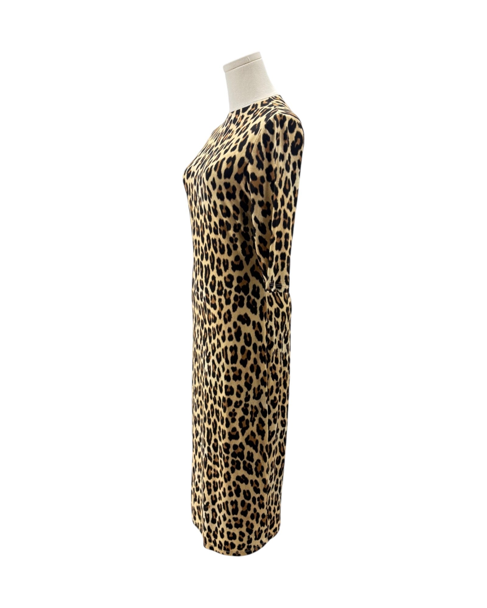 A leopard print dress displayed on a mannequin torso against a plain white background.