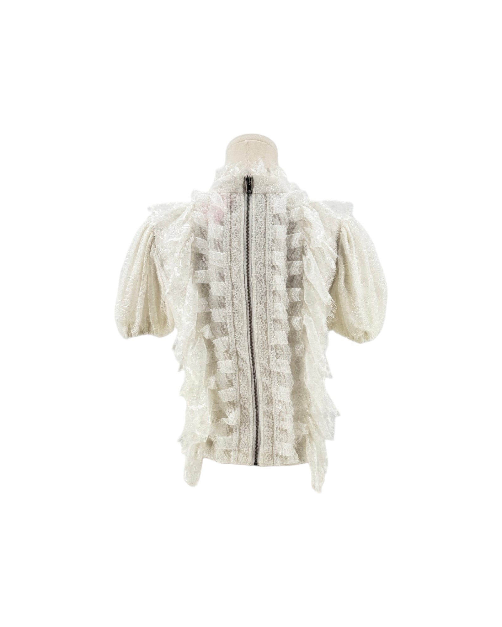 An off-white lace jacket with puff sleeves and a central zipper, displayed on a mannequin torso against a plain white background.