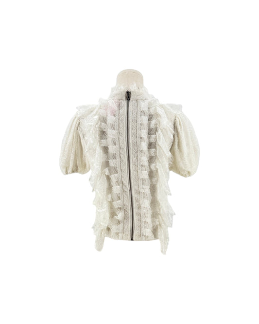 An off-white lace jacket with puff sleeves and a central zipper, displayed on a mannequin torso against a plain white background.