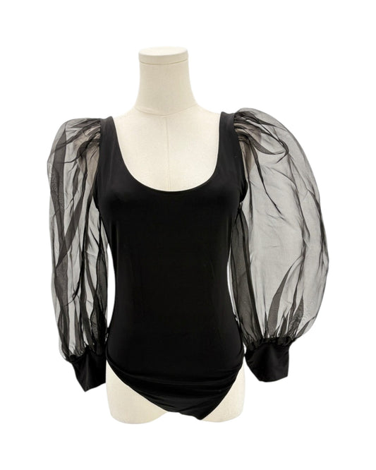 Black puff sleeve bodysuit with sheer black sleeves on a mannequin against a white background