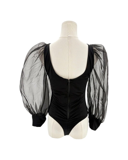 Black puff sleeve bodysuit with sheer black sleeves on a mannequin against a white background