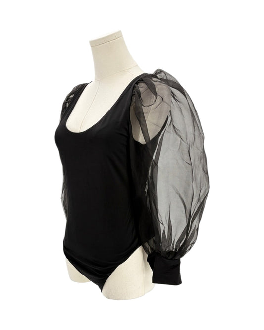 Black puff sleeve bodysuit with sheer black sleeves on a mannequin against a white background