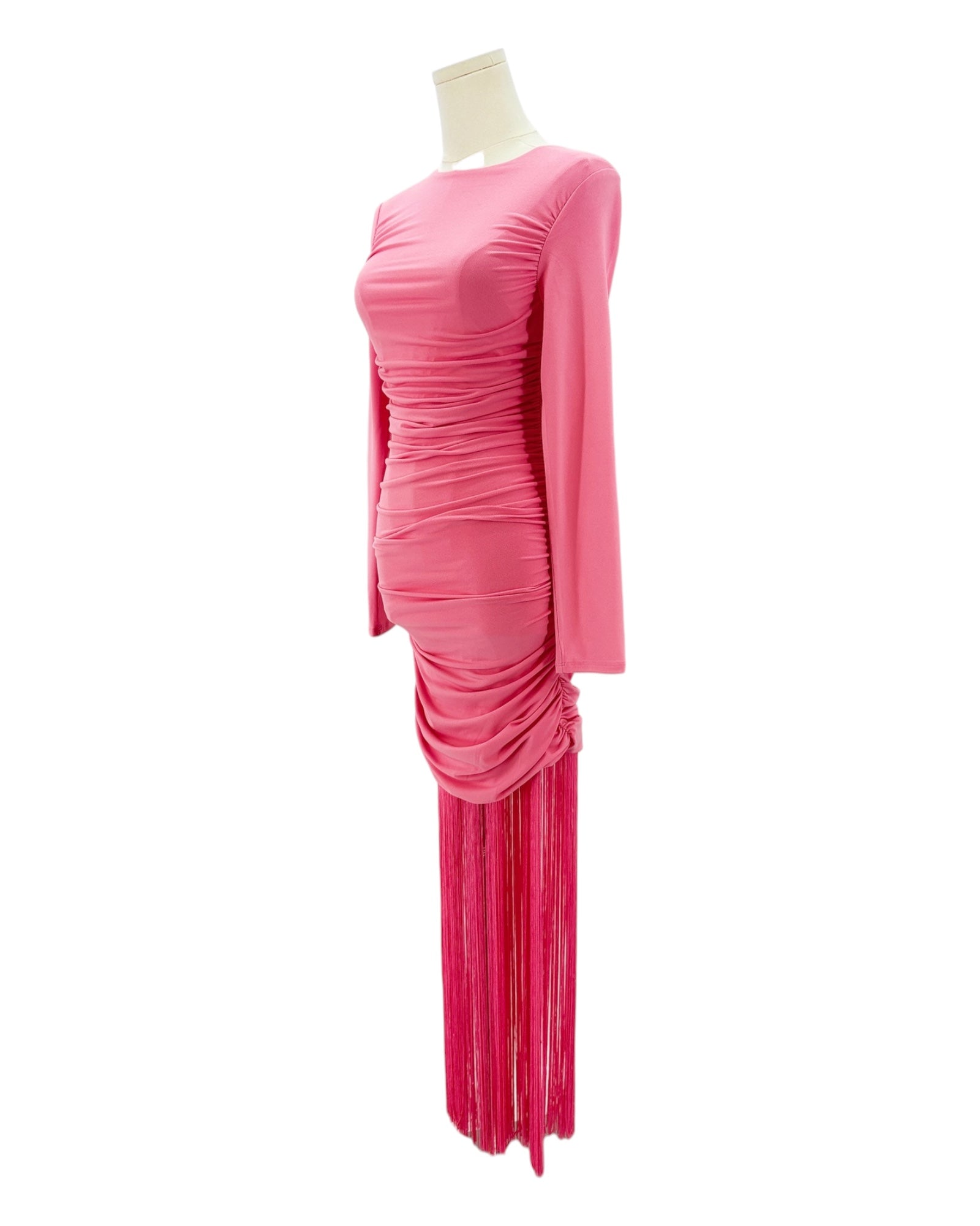 Pink long sleeve dress with fringe details on a mannequin against a white background