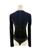 Black long sleeve bodysuit on a mannequin on a white background