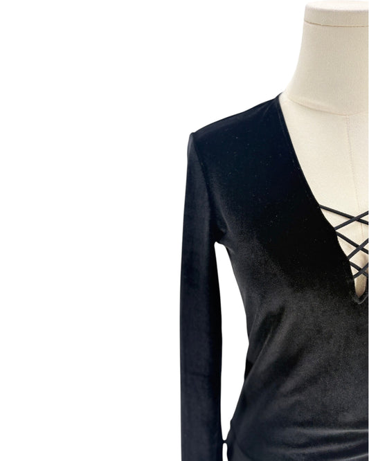 Black long sleeve bodysuit on a mannequin on a white background