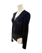 Black long sleeve bodysuit on a mannequin on a white background