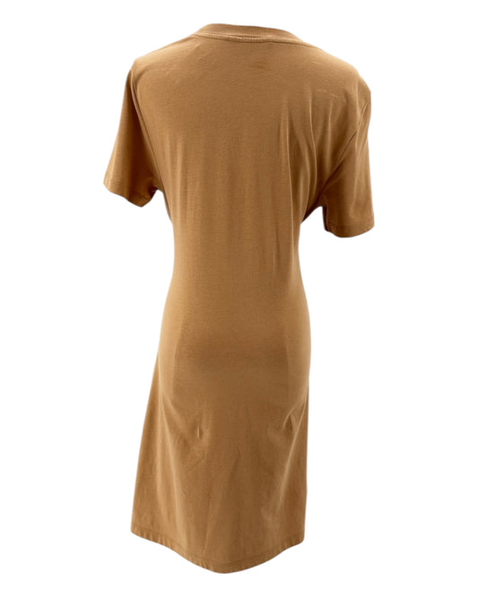 Tan dress on a mannequin against a white background