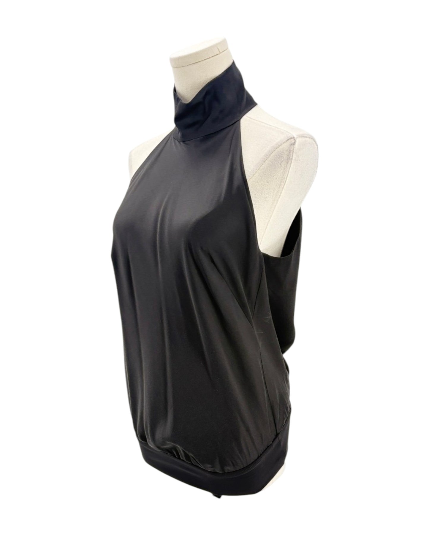 Black sleeveless bodysuit on a mannequin with a white background