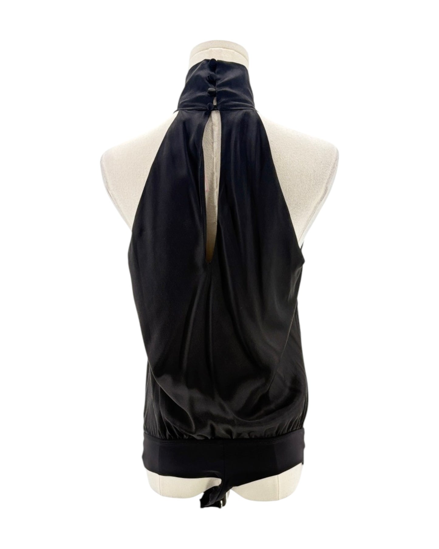 Black halter bodysuit on a mannequin with a white background