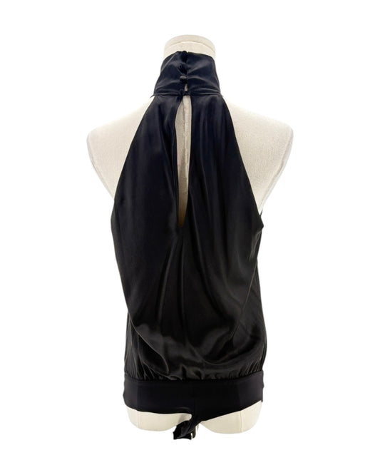 Black halter bodysuit on a mannequin with a white background