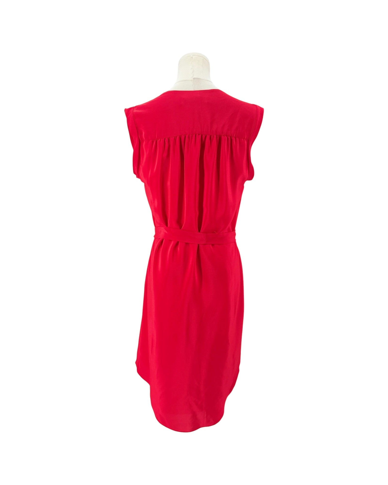 A bright red sleeveless dress shown from the back on a white mannequin torso against a plain white background.