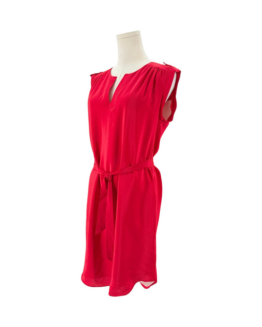 A bright red sleeveless dress displayed on a mannequin torso against a plain white background.