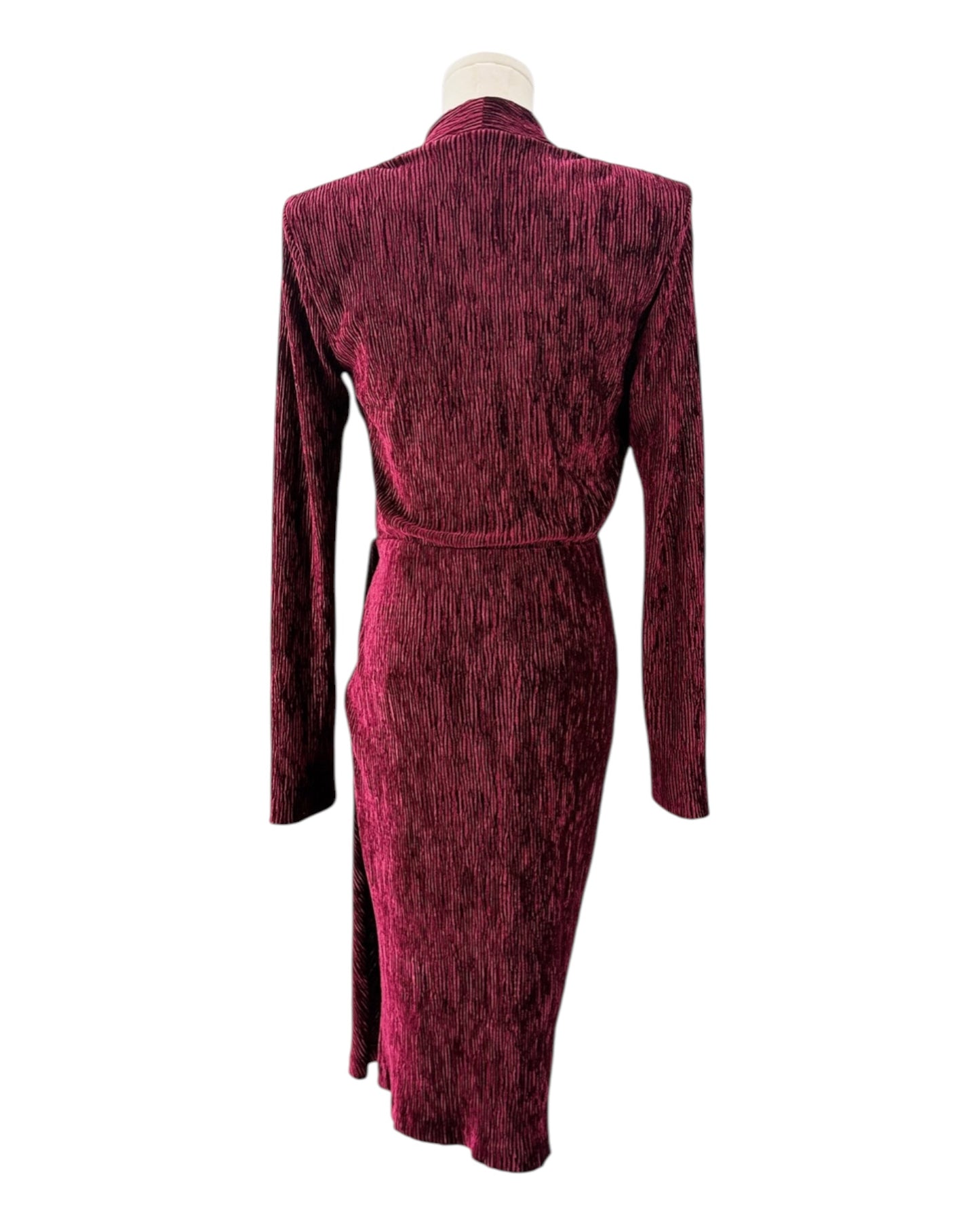 Maroon patterned dress on a mannequin against a white background