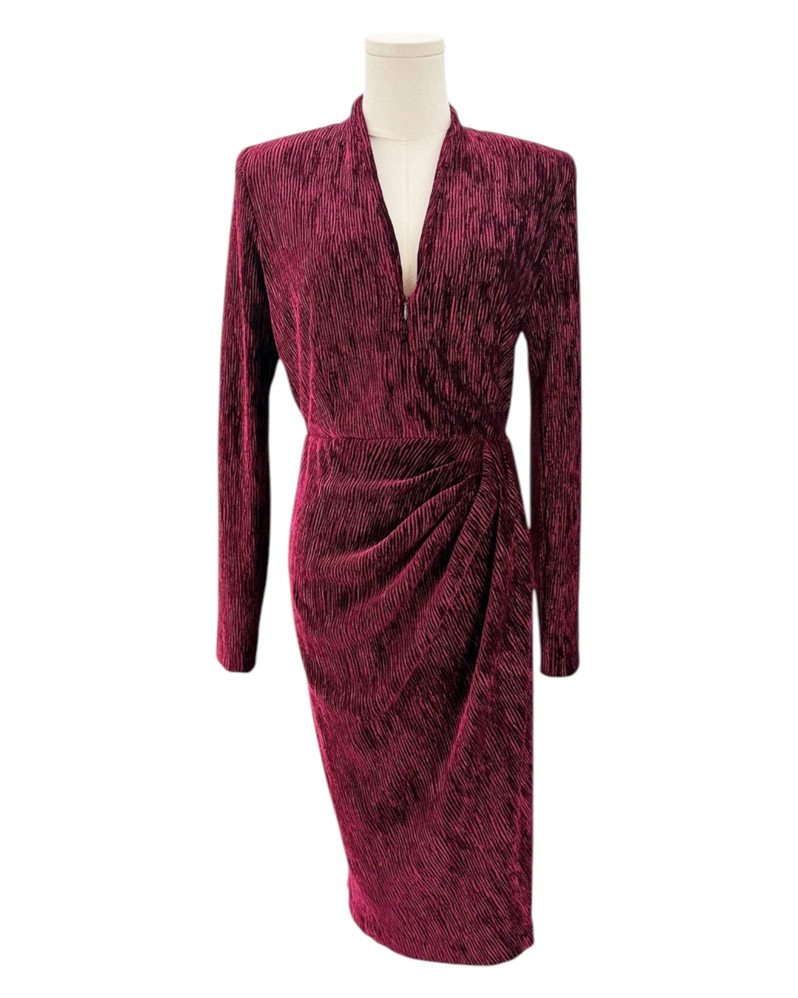 Maroon velvet dress on a mannequin against a white background