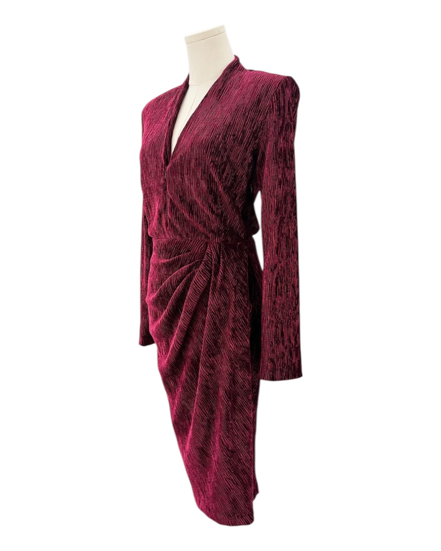 Maroon textured dress on a mannequin against a white background